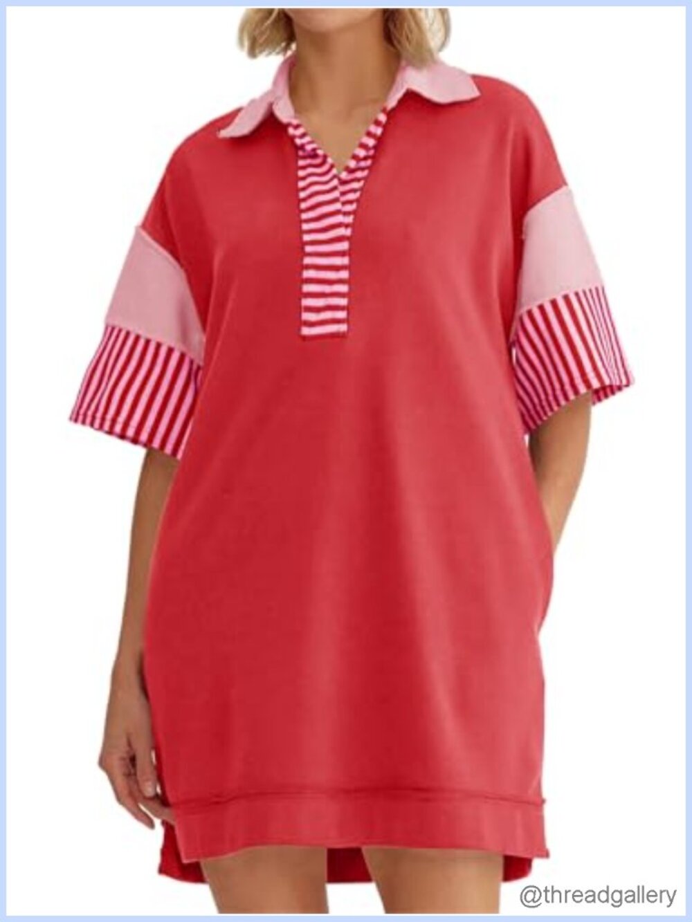 Oversized Polo V Neck Mini Sweatshirt Dress Short Sleeve Side Pockets Split